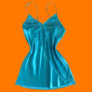 90's 00's vintage blue satin 100% polyester sheer floral lace y2K slip dress M